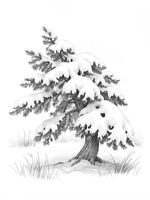 Graphite pencil sketch of a pine tree heavy with thick snow standing in a quiet snowy field