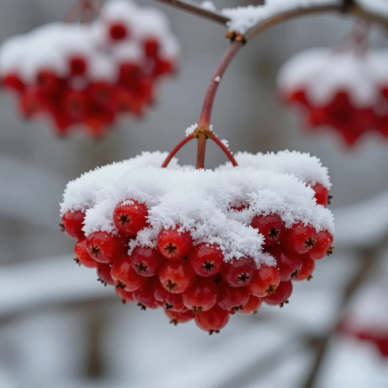 Close-up of bright red rowan berry clusters dusted with fresh fluffy snow on thin branches