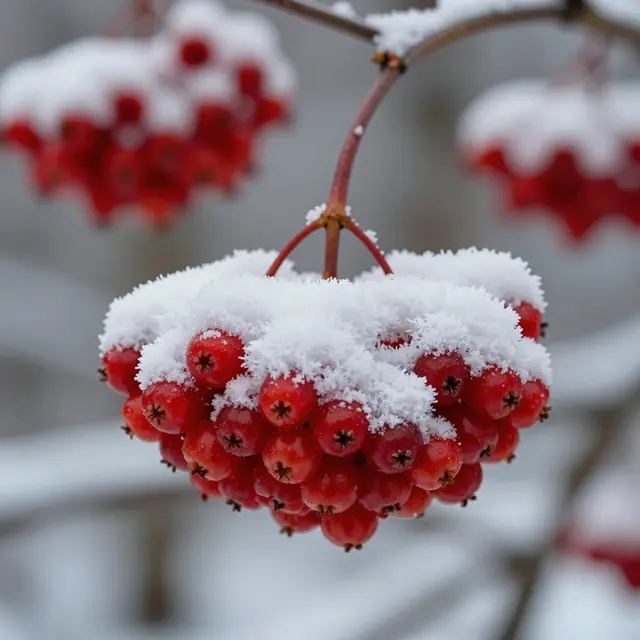 Close-up of bright red rowan berry clusters dusted with fresh fluffy snow on thin branches