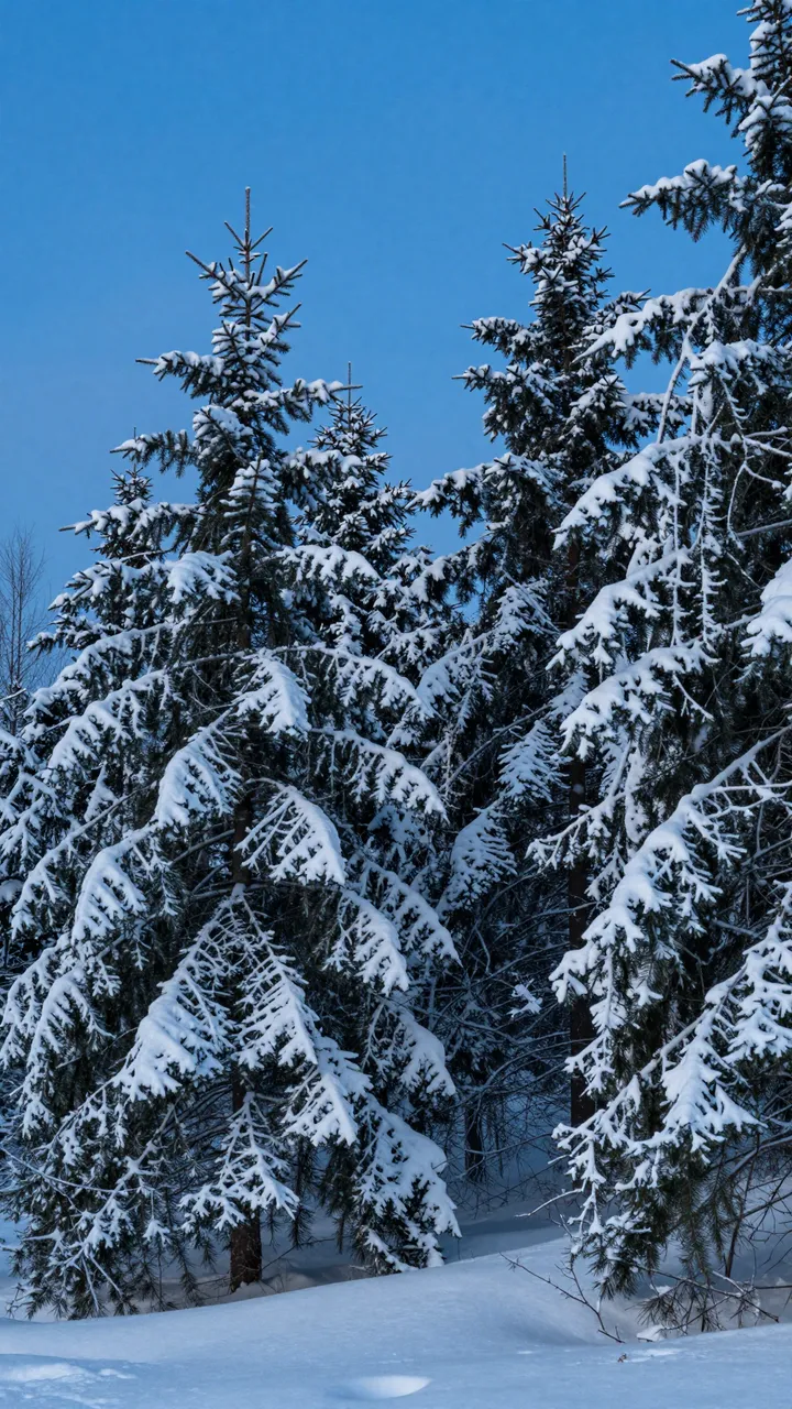 Snow-laden spruce trees stand over a snowbank under a deep clear blue winter twilight sky