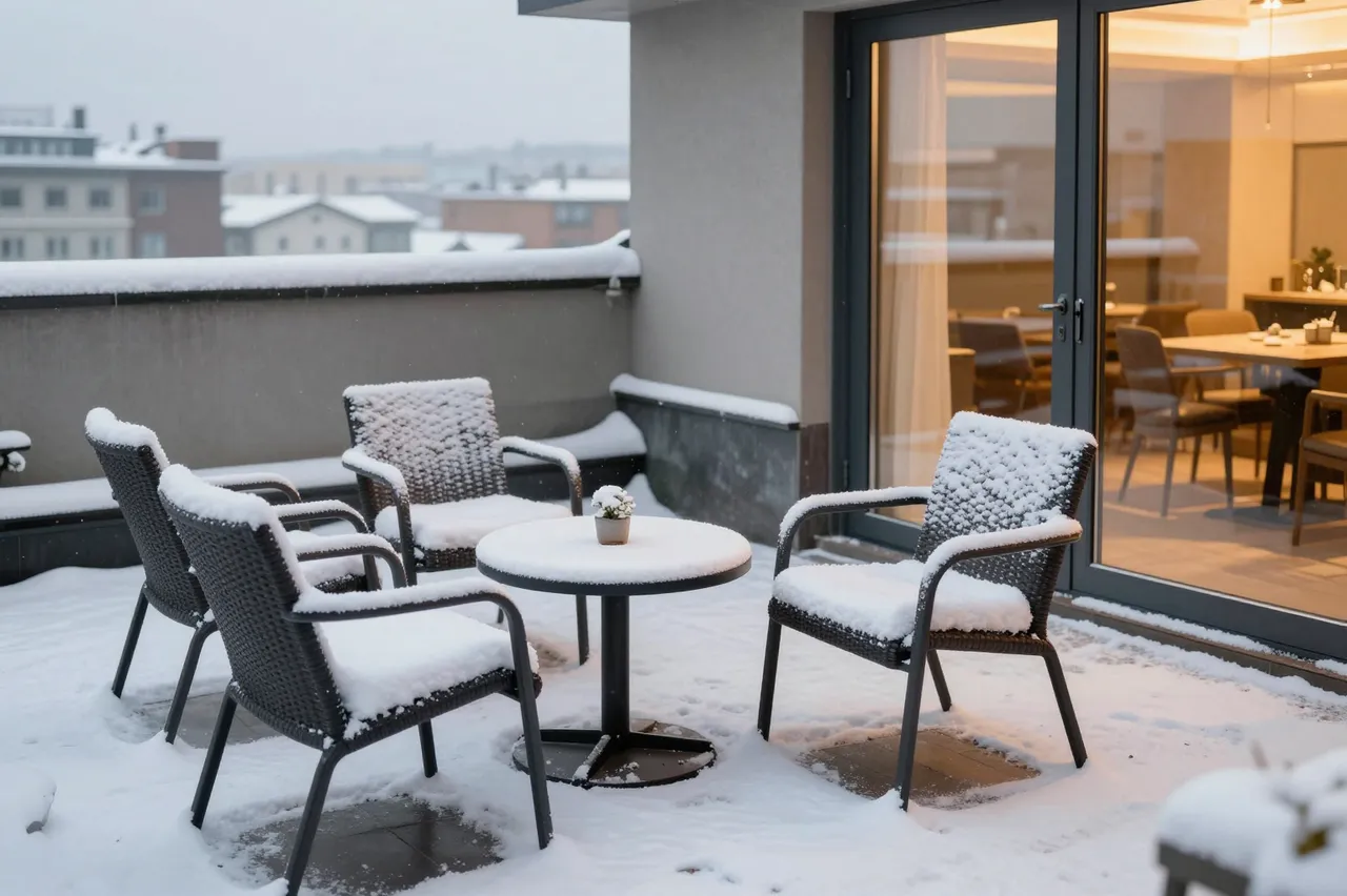 Snow blankets outdoor seating on a rooftop terrace with warm glowing light from a glass interior door