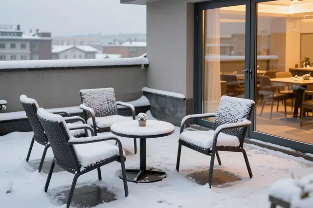 Snow blankets outdoor seating on a rooftop terrace with warm glowing light from a glass interior door