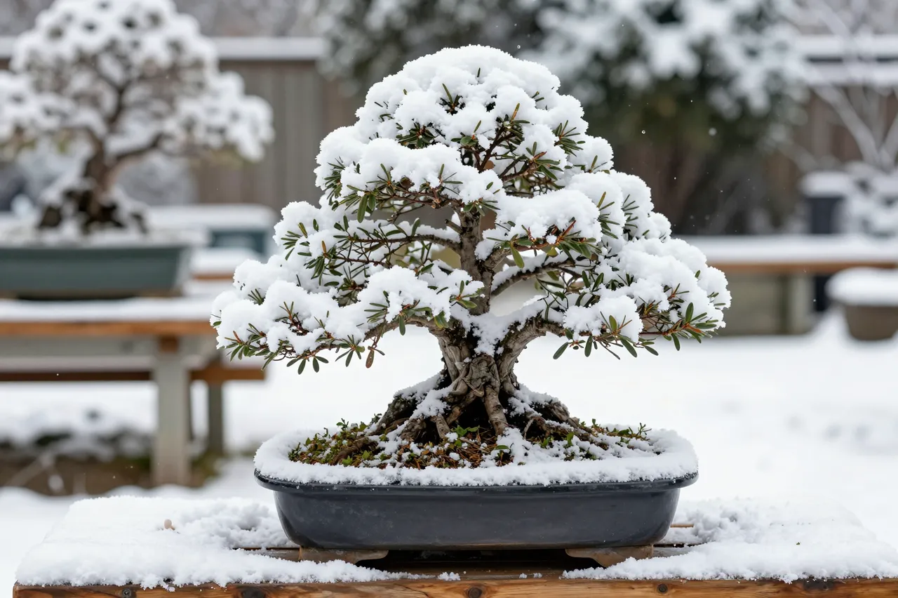 A juniper bonsai tree covered in fresh snow rests on a wooden bench in a winter garden