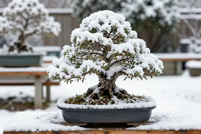 A juniper bonsai tree covered in fresh snow rests on a wooden bench in a winter garden