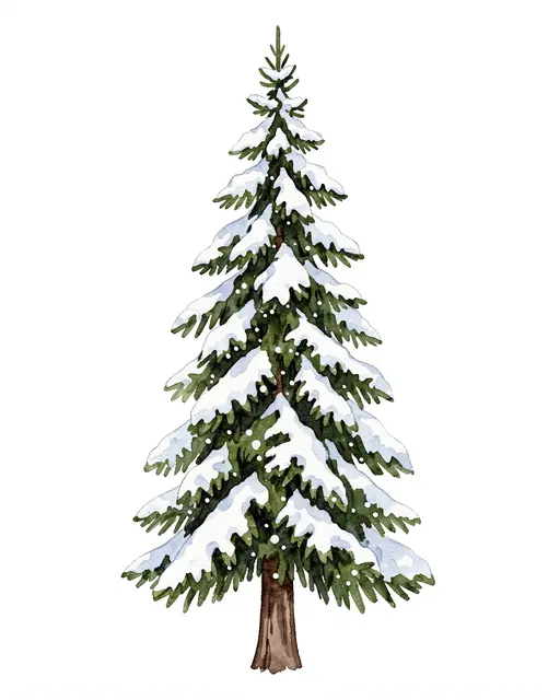 Watercolor illustration of a tall slender fir tree covered in fresh snow against a plain white background