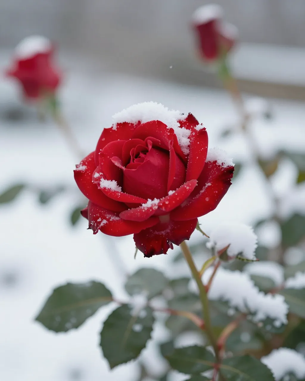 Close-up of a vibrant red rose dusted with fresh fallen snow, with blurred rose buds in the background