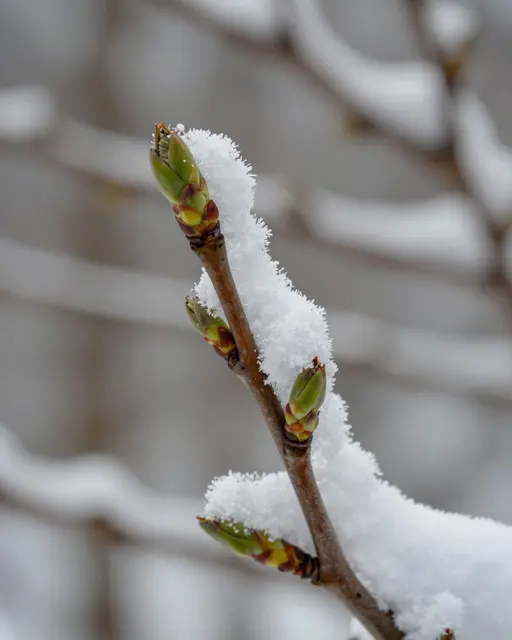 Close up of green new tree buds on a thin branch covered in fresh frost and snow