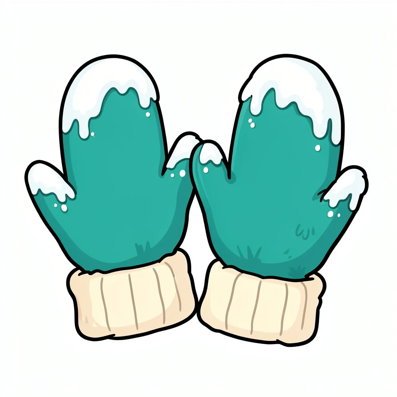 Cute cartoon illustration of a pair of fuzzy teal mittens with cream cuffs dusted with snow on a plain white background