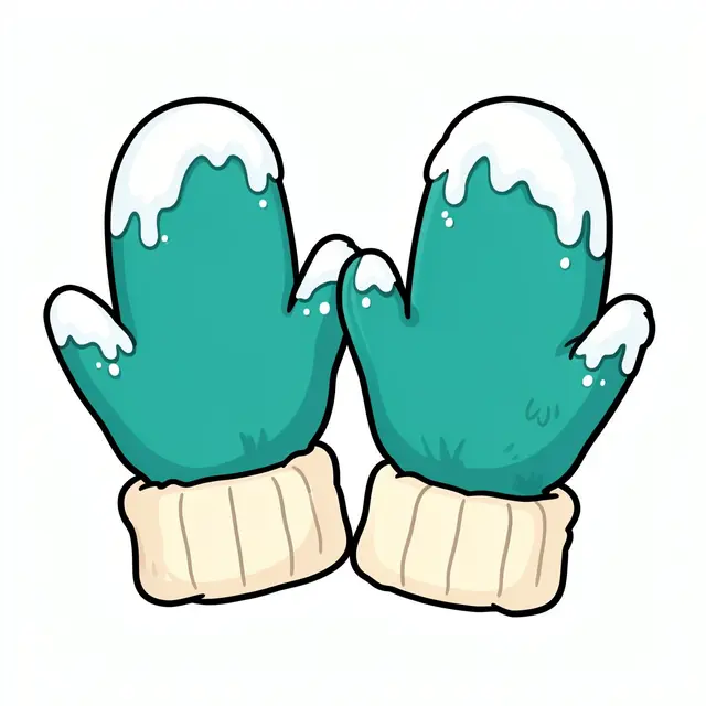 Cute cartoon illustration of a pair of fuzzy teal mittens with cream cuffs dusted with snow on a plain white background