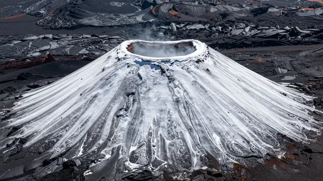 A steaming snow-capped volcanic cone rises above textured dark lava fields