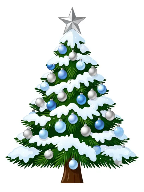 Flat illustration of a snow-dusted Christmas tree with blue and silver ornaments and a silver star topper, isolated on a
