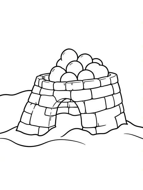 Black and white bold line art of a snow fort with a pile of snowballs on snowy ground