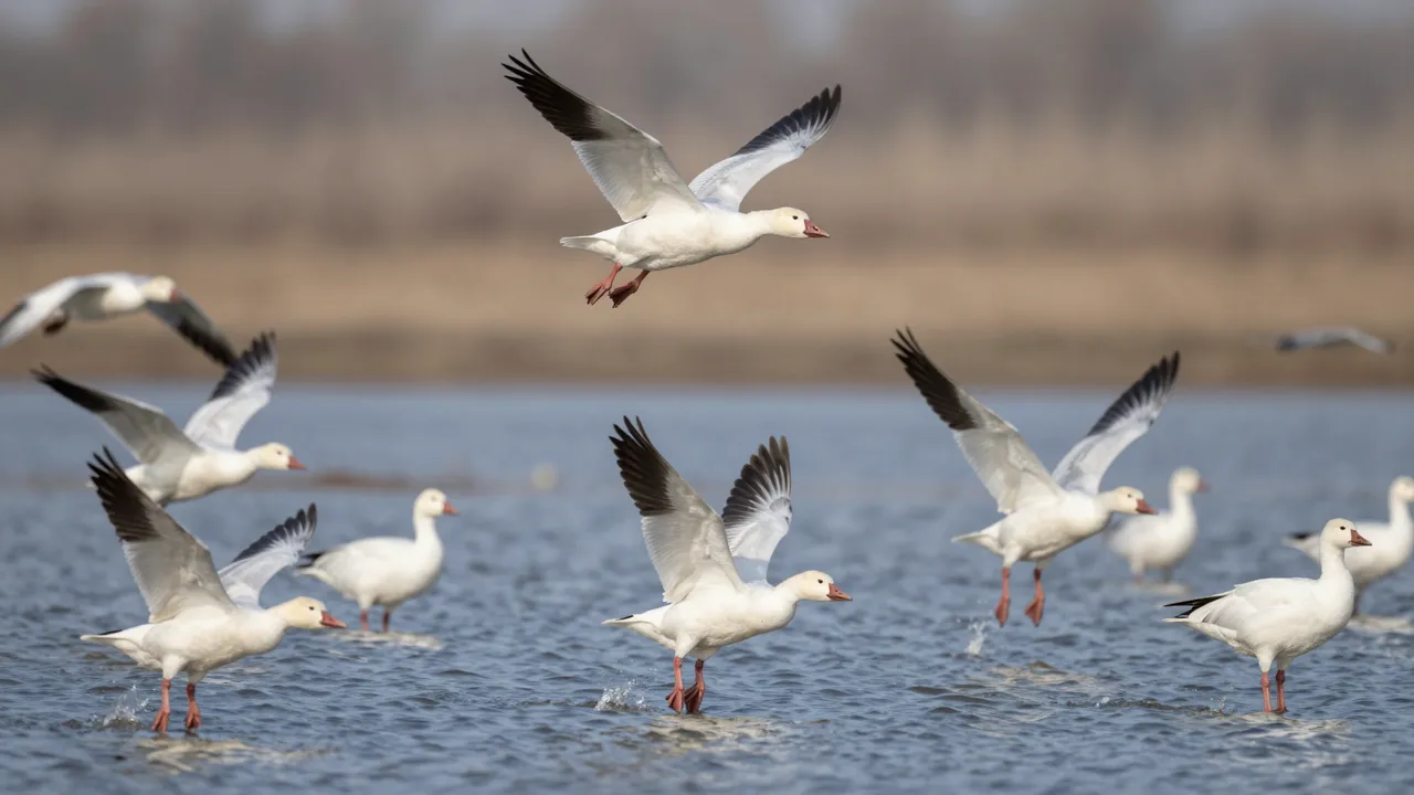 A flock of snow geese takes off from shallow wetland water, with blurred distant marsh vegetation in the background.