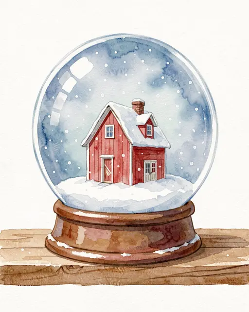 Watercolor illustration of a snow globe holding a red barn with falling snow on a wooden shelf