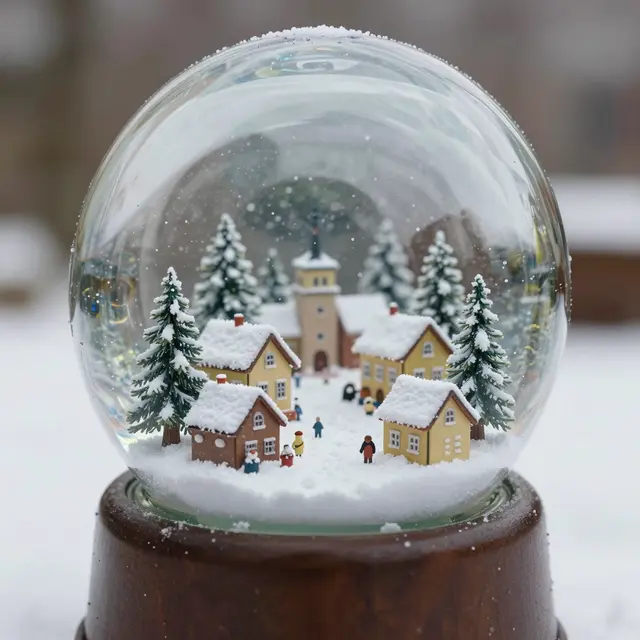 A glass snow globe holding a tiny snowy village scene sits on a wooden base against a blurred outdoor winter background