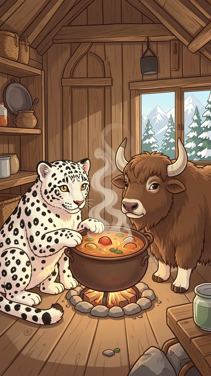 Cute illustration of a snow leopard and yak sharing a steaming soup pot inside a mountain hut with a snowy mountain view out