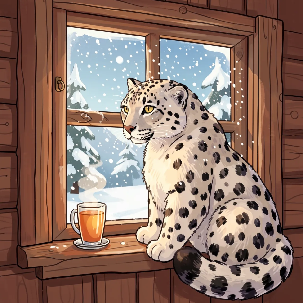 Illustration of a snow leopard sitting on a wooden cabin windowsill next to a warm drink watching falling snow outside