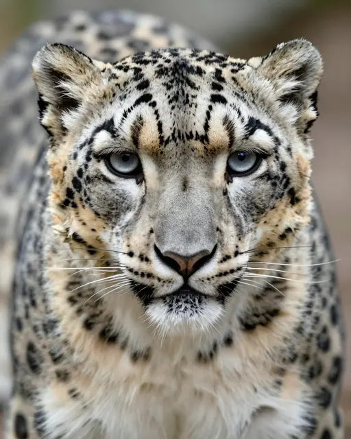 A close-up frontal portrait of a thick-furred snow leopard with pale eyes looking directly at the camera