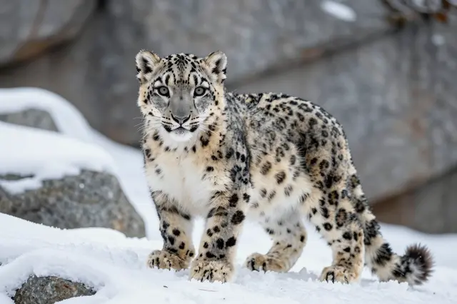 A fluffy snow leopard cub stands facing the camera on snow-dusted rocky terrain