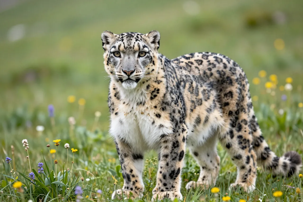 A thick-furred snow leopard stands facing the camera in a wildflower dotted green alpine meadow