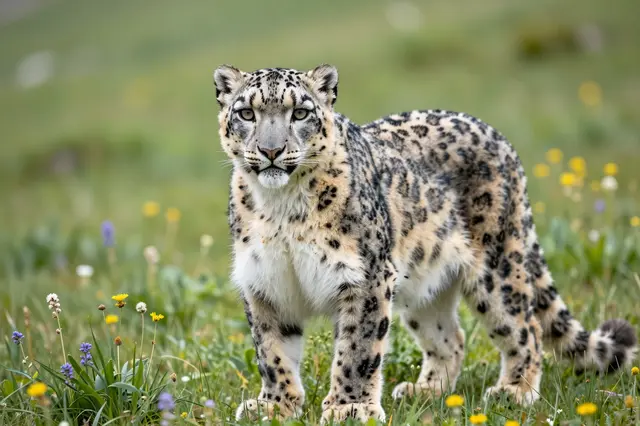 A thick-furred snow leopard stands facing the camera in a wildflower dotted green alpine meadow