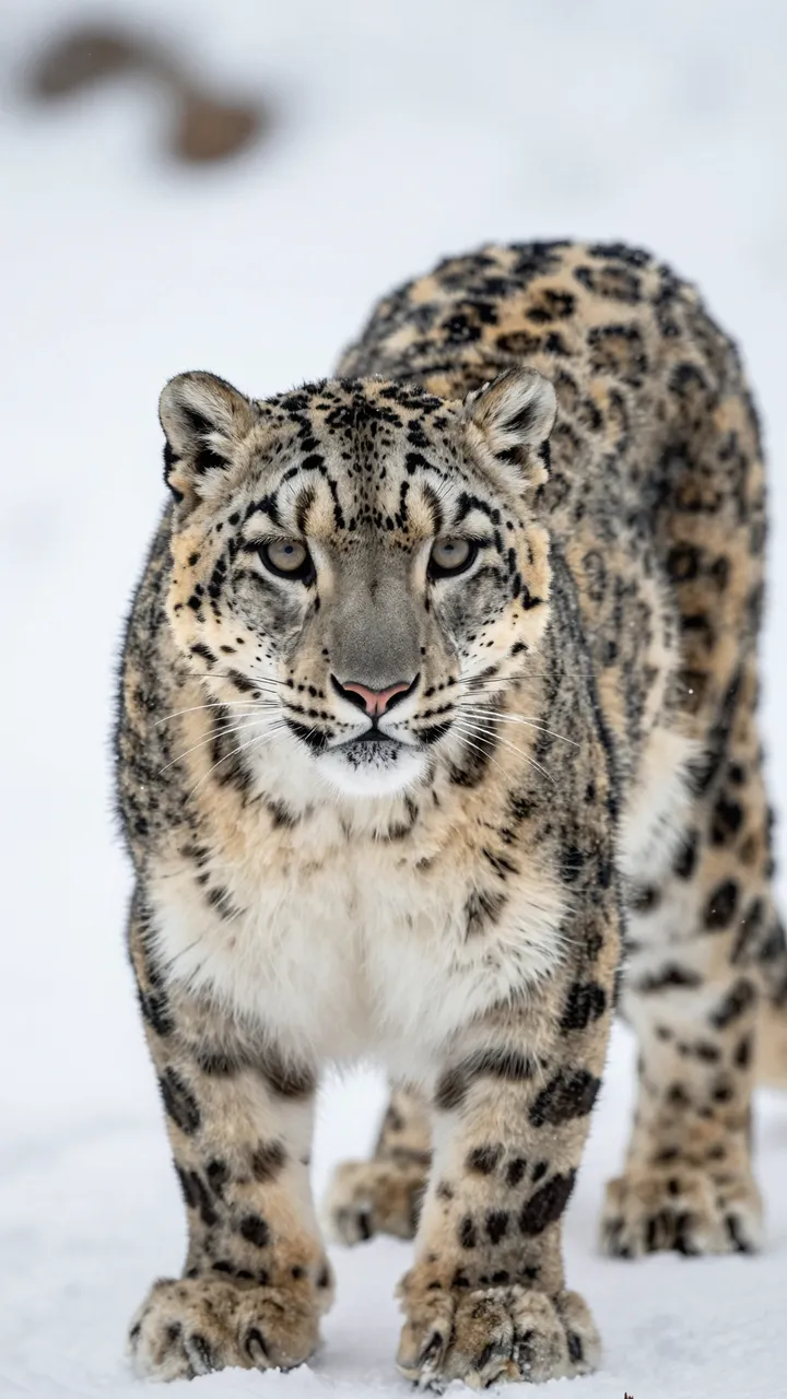 A snow leopard stands facing the camera on soft snow with falling snow in the blurred background