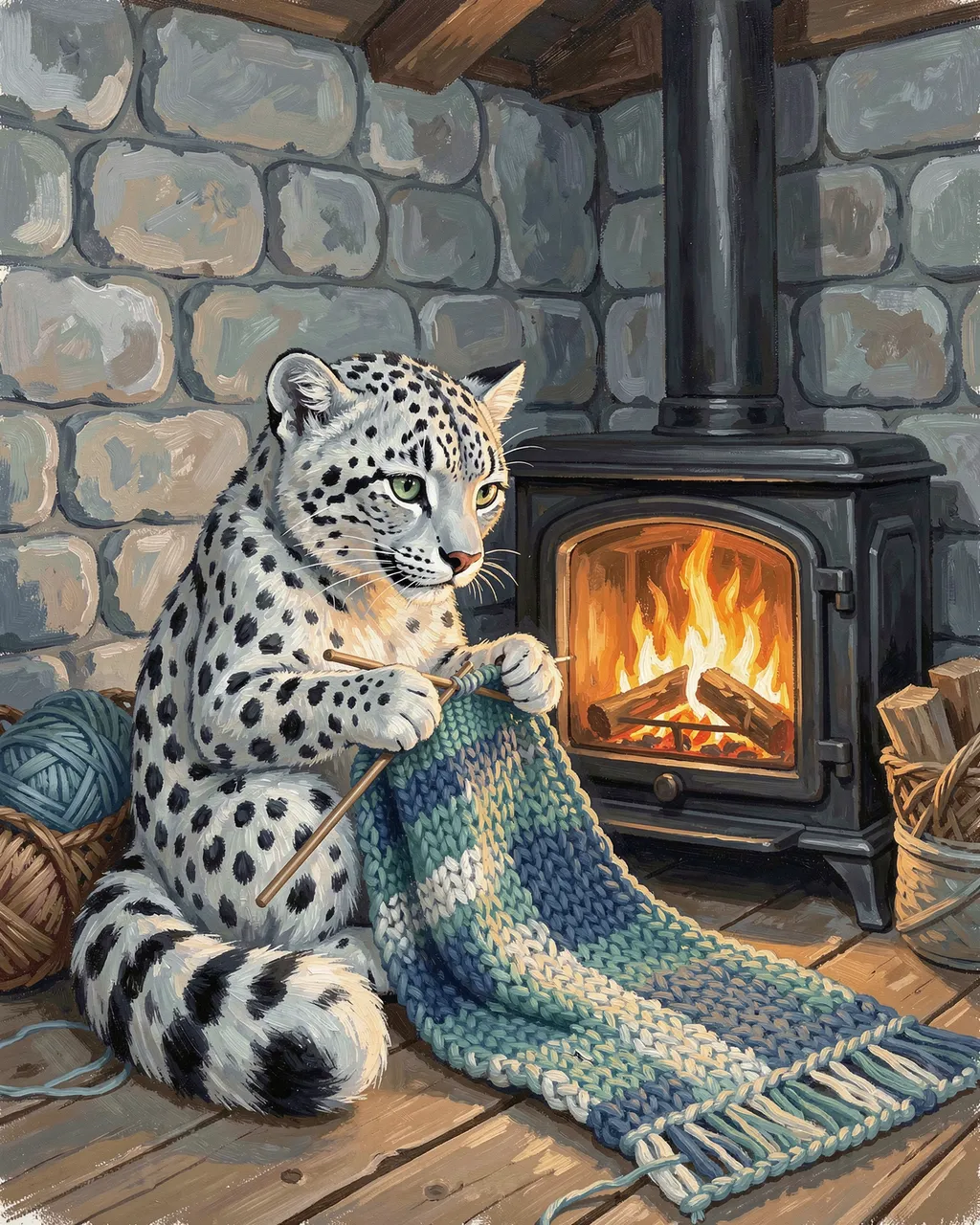 A gouache painting of a snow leopard knitting a striped blanket beside a warm wood stove in a stone cottage.