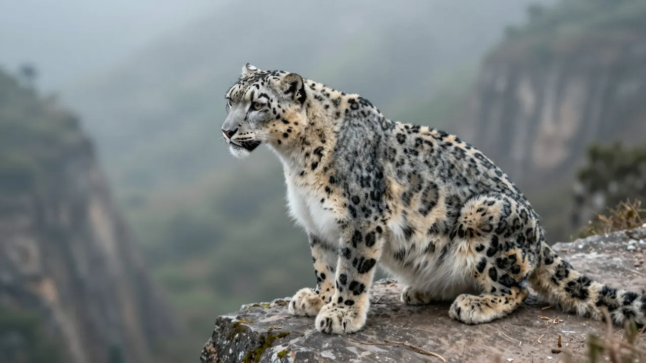 A snow leopard with pale gray rosetted fur sits perched on a rocky cliff overlooking a foggy mountain valley.