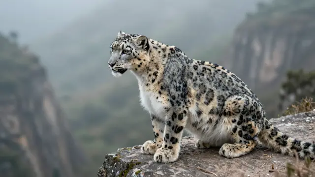 A snow leopard with pale gray rosetted fur sits perched on a rocky cliff overlooking a foggy mountain valley.