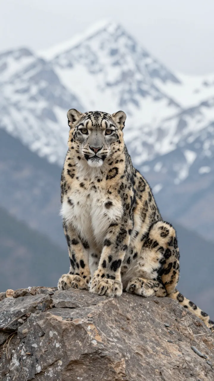 A snow leopard sits upright on a boulder with snow covered mountain peaks in the background
