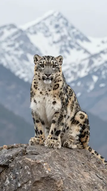 A snow leopard sits upright on a boulder with snow covered mountain peaks in the background