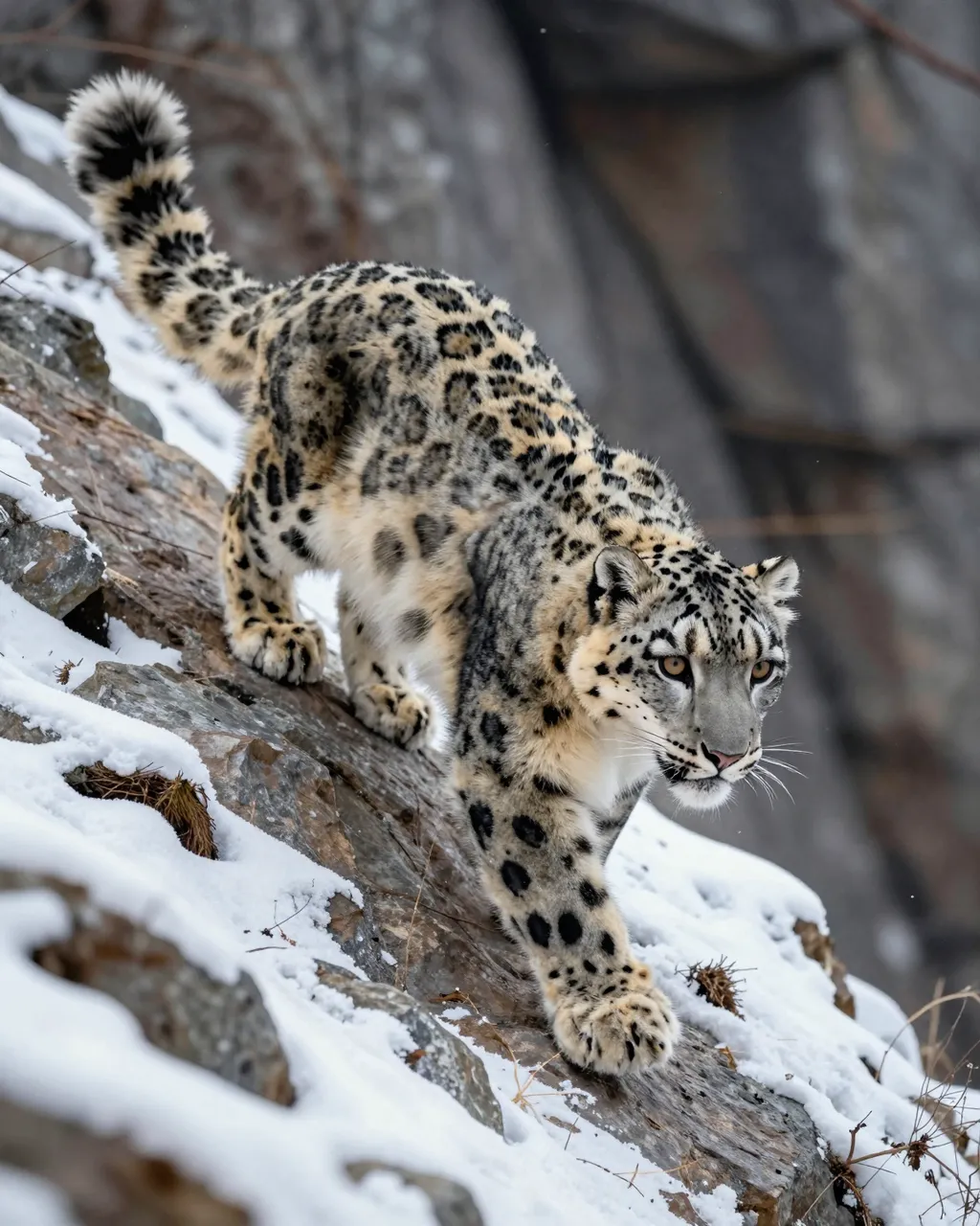 A snow leopard walks down a snow-dusted steep rocky mountain slope