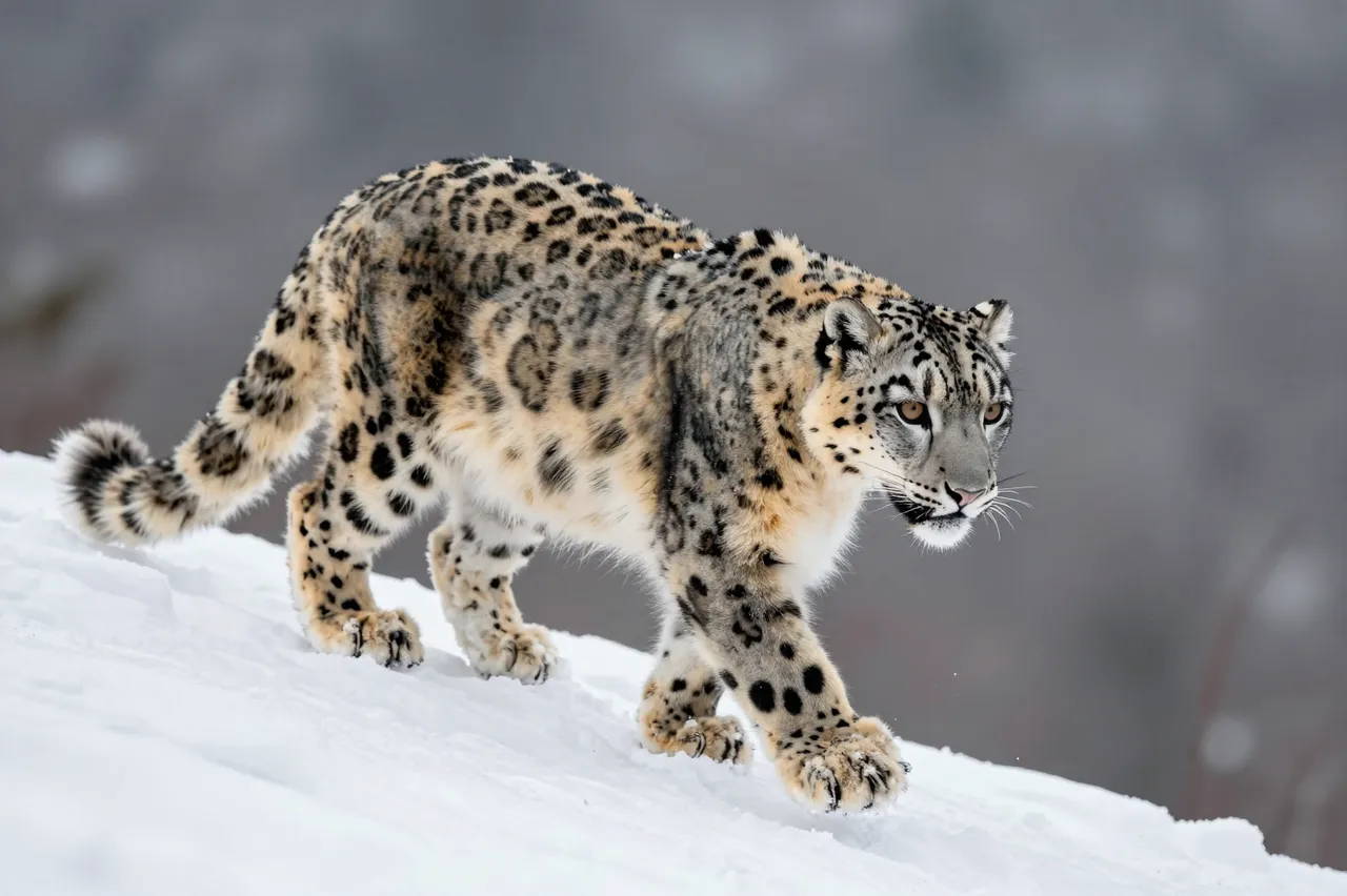 A thick furred snow leopard walks slowly along a bright snowy mountain ridge