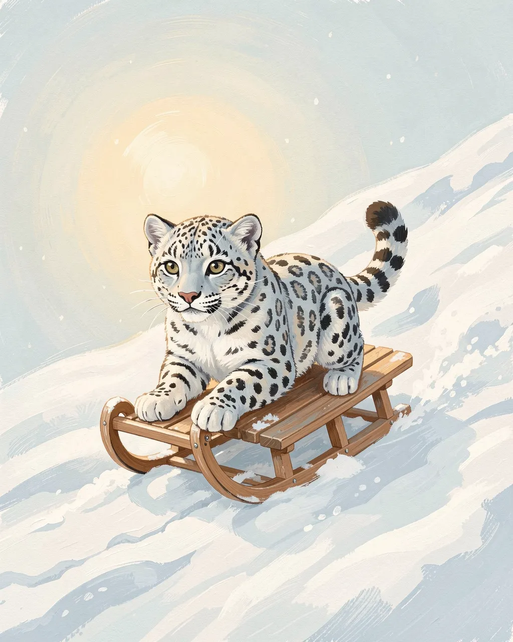 A cute illustrated snow leopard rides a wooden sled down a powdery snowy slope under a pale sun.