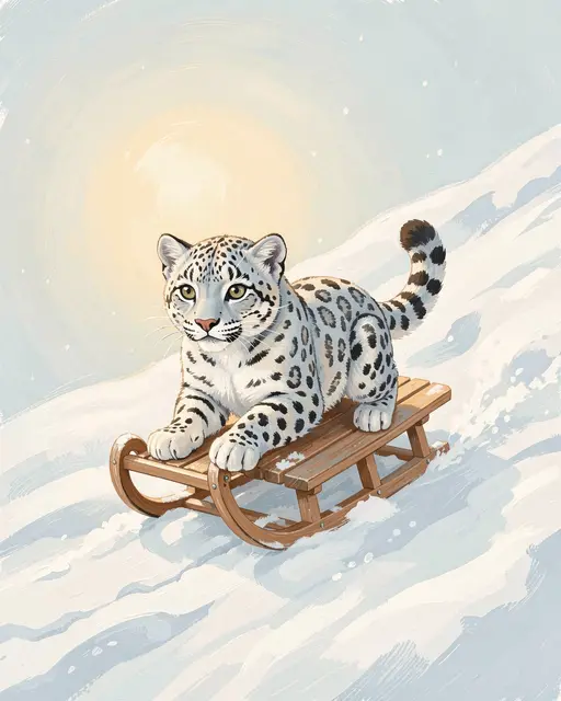 A cute illustrated snow leopard rides a wooden sled down a powdery snowy slope under a pale sun.