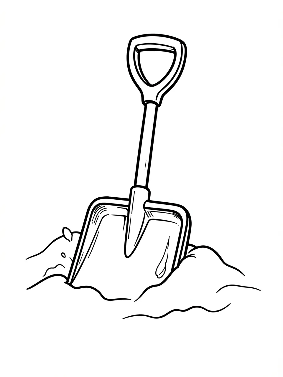 Black and white bold line art of a snow shovel stuck upright in a rounded snowbank on a plain white background