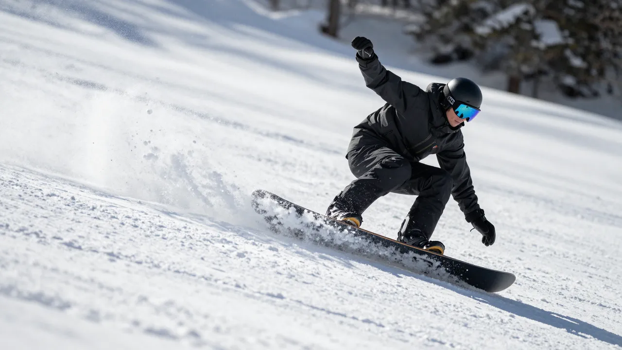 A snowboarder in black gear carves through fresh powder on a sunlit ski slope