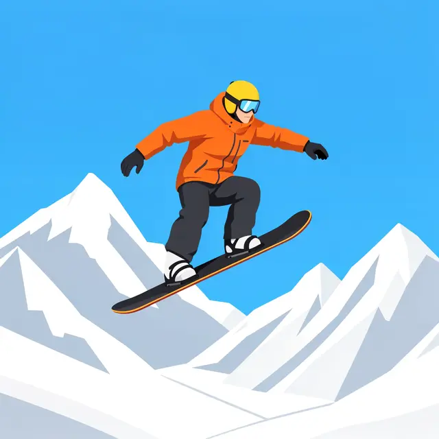 A snowboarder in an orange jacket catches air mid-jump above snowy mountains under a bright blue sky