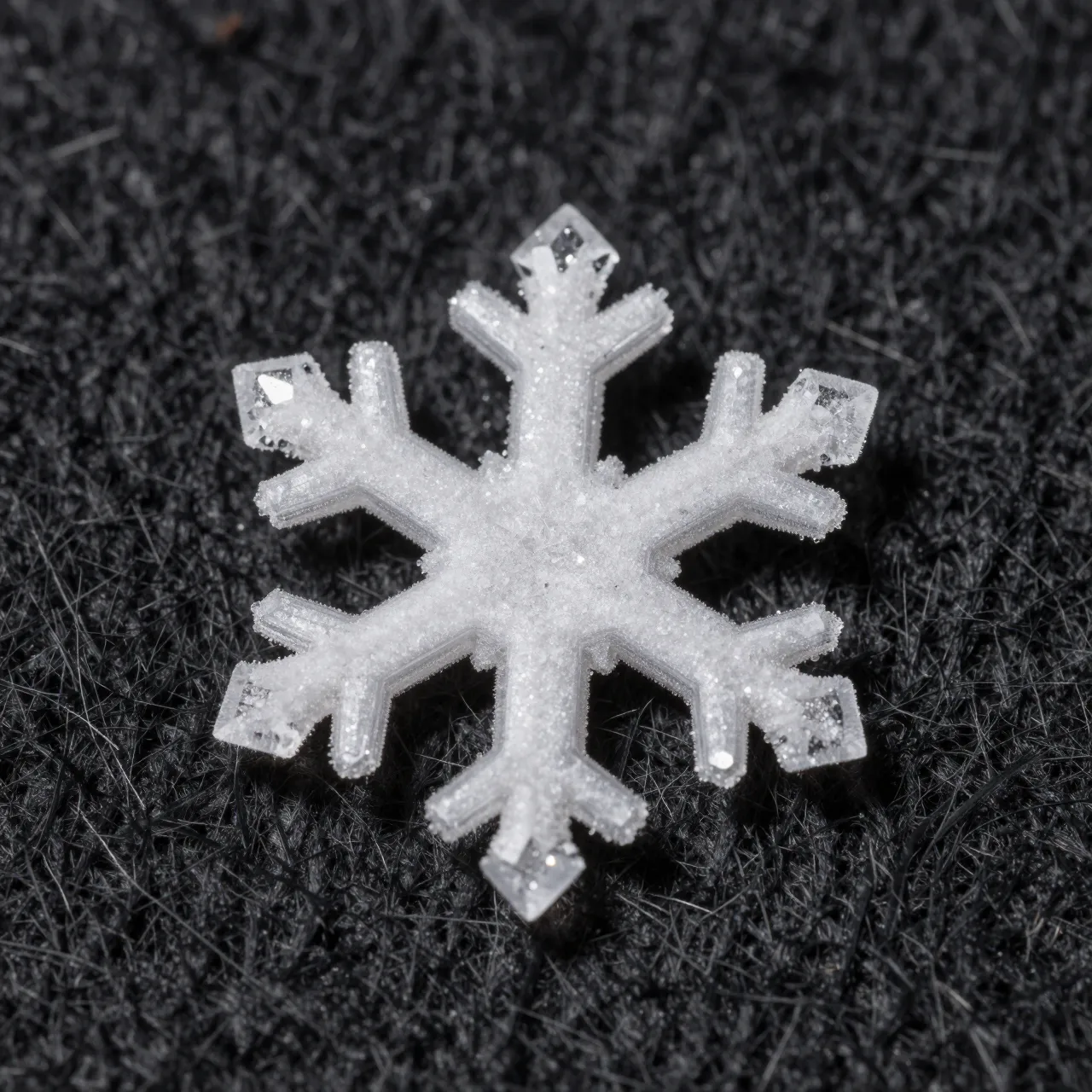 Close-up macro view of a delicate hexagonal snowflake resting on dark fuzzy wool fabric