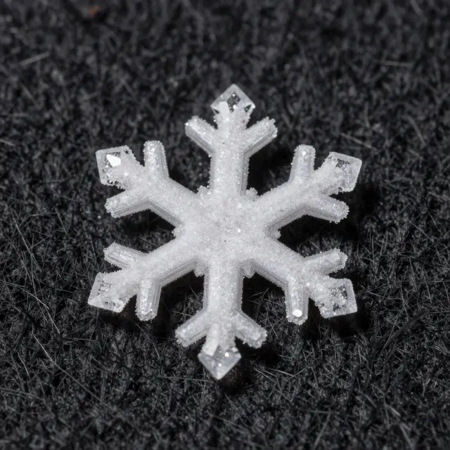 Close-up macro view of a delicate hexagonal snowflake resting on dark fuzzy wool fabric