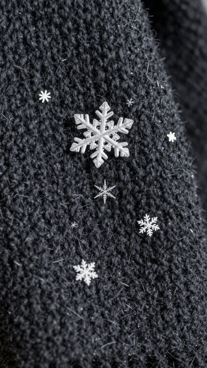 Macro close-up of varied white snowflakes resting on a textured dark knit wool scarf