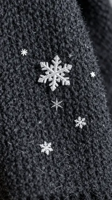 Macro close-up of varied white snowflakes resting on a textured dark knit wool scarf