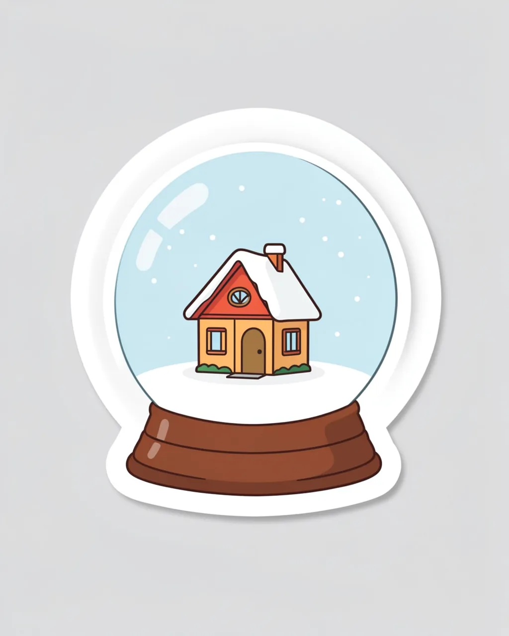 Flat cute die-cut sticker of a snowglobe with a tiny snowy cabin on a plain light gray background