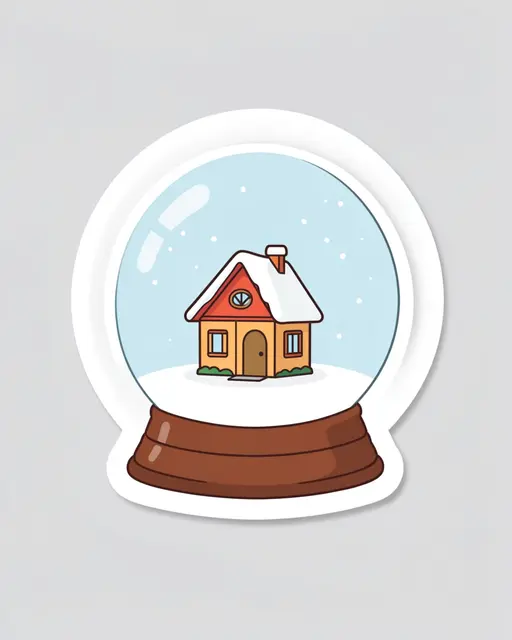 Flat cute die-cut sticker of a snowglobe with a tiny snowy cabin on a plain light gray background