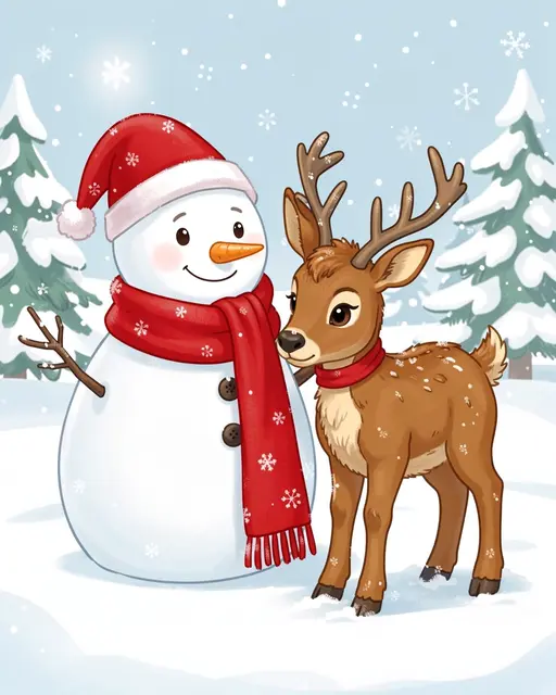 Cute illustrated snowman and young reindeer share a festive red scarf in a snowy winter landscape