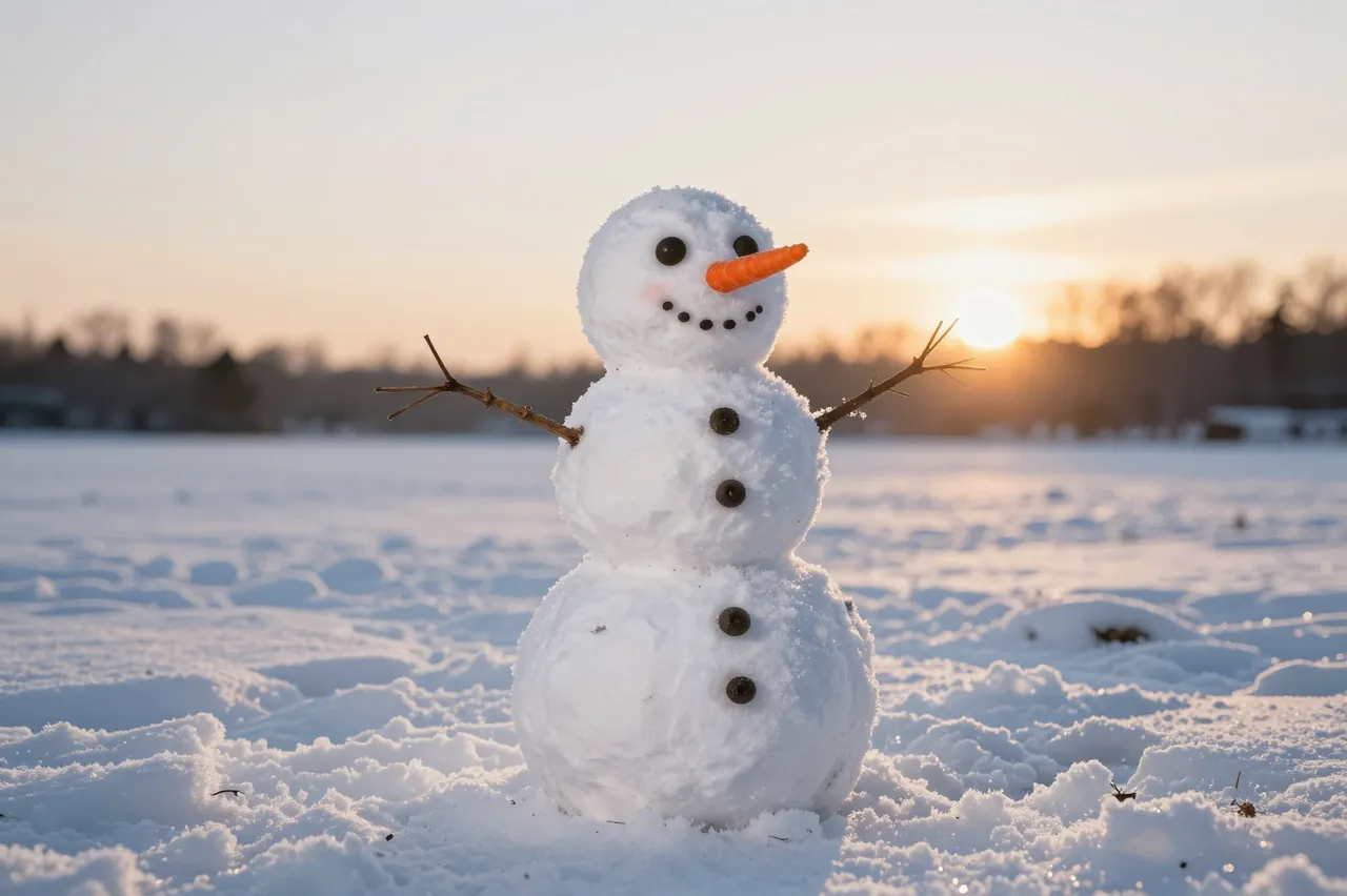 A small snowman with a carrot nose stands in a snowy field as the sun sets behind distant trees