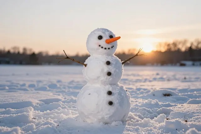 A small snowman with a carrot nose stands in a snowy field as the sun sets behind distant trees