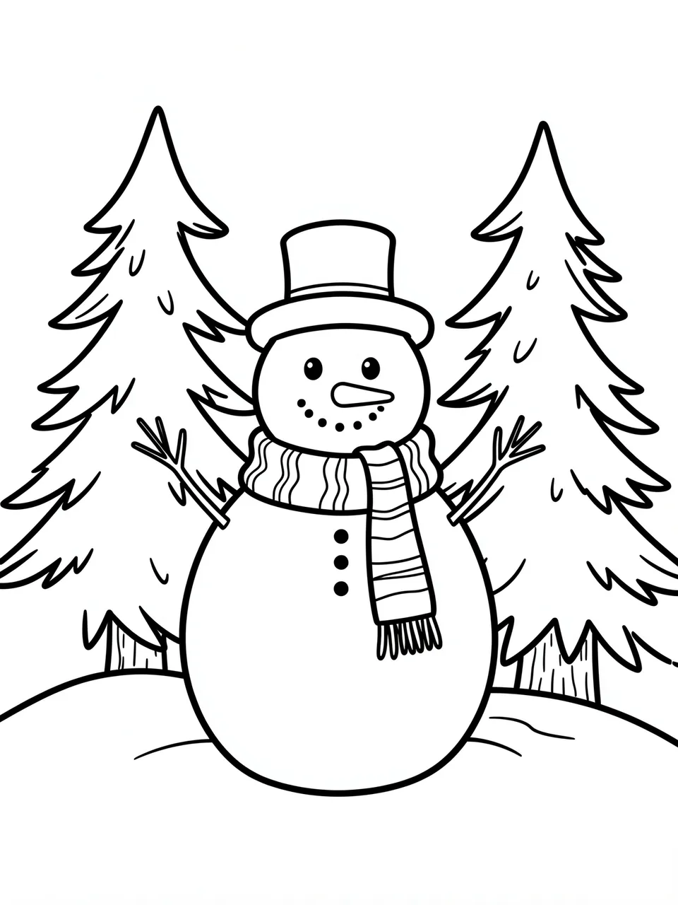 Bold black and white line art of a snowman with a top hat and scarf standing between pine trees for a coloring page
