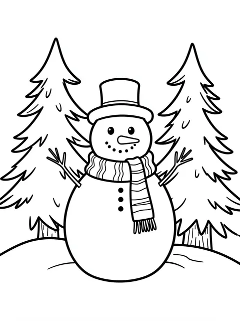 Bold black and white line art of a snowman with a top hat and scarf standing between pine trees for a coloring page