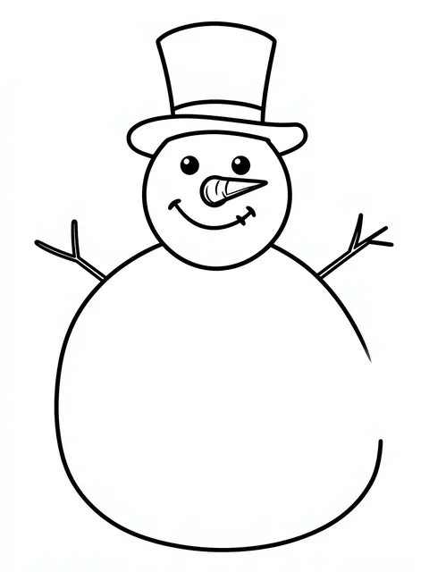 Simple bold black line art of a smiling snowman with a top hat and carrot nose on a white background